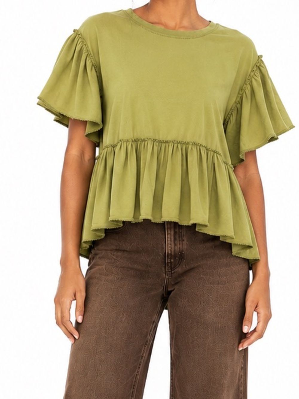 Anthropologie Oversized Cotton Stretch Peplum Top Green Ruffle Sleeve Small/M